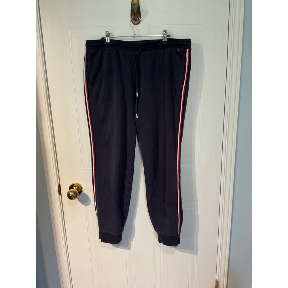 Tommy Hilfiger Jogger Sweatpants Mens XL Navy Blue Excellent Side Stripe Fleece